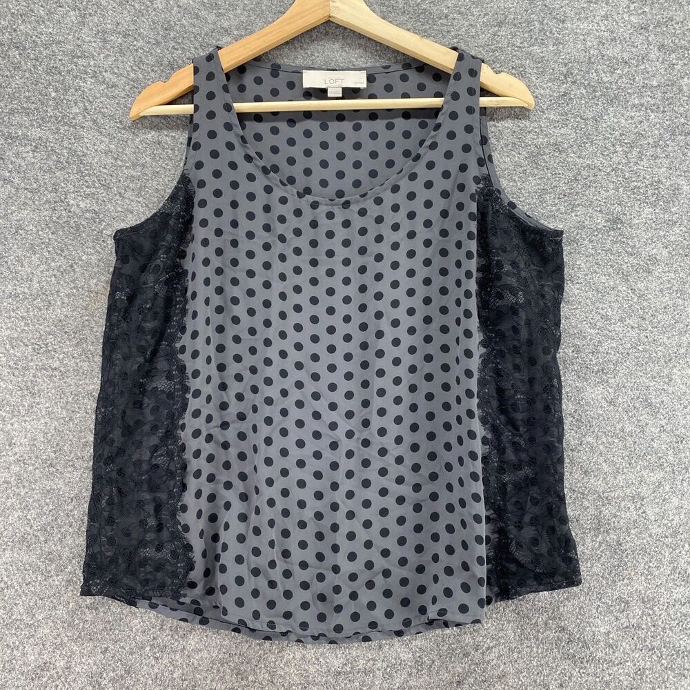 Loft Blouse Women PL Petite Gray Polka Dot Sleeveless Wide Strap Crochet Casual